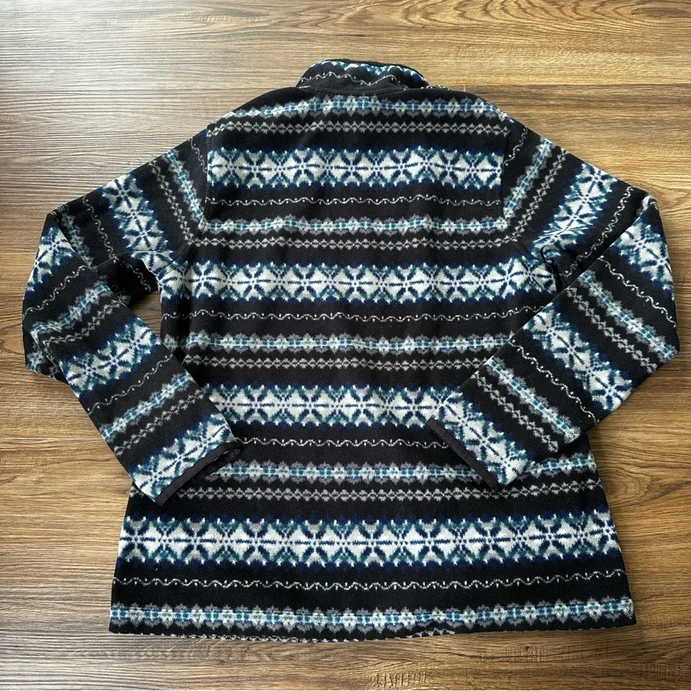 Womens Medium‎ Eddie Bauer Navy Fair Isle Fleece Pullover Snap Buttons Pockets